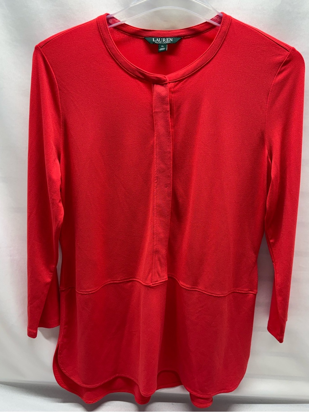 Lauren Ralph Lauren Blouse XL Red Orange Tunic Henley 3/4 Sleeve Hidden Button